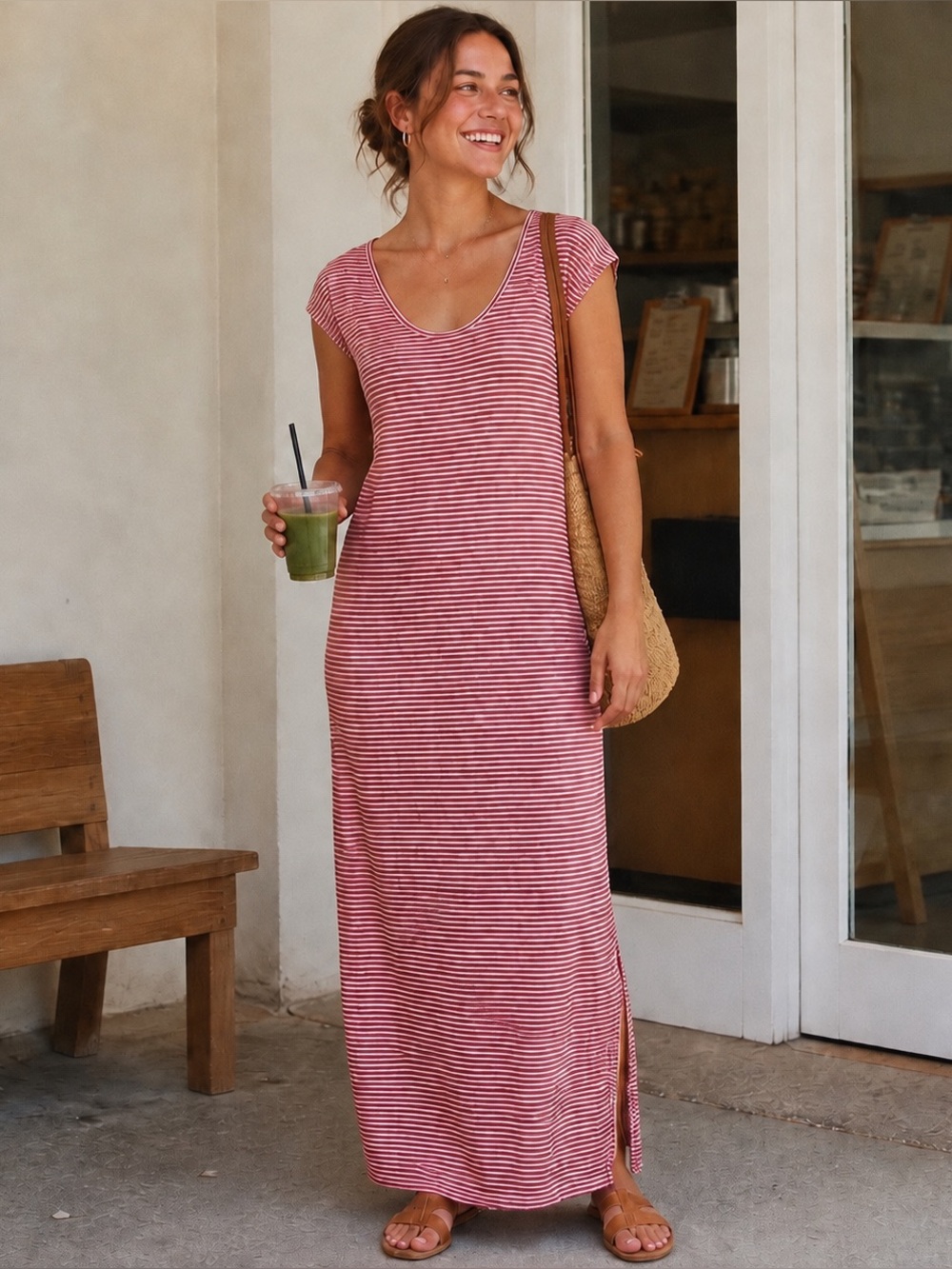 Lou & Grey XL Red White Striped Maxi T Shirt Dress Scoop Neck Side Slit
